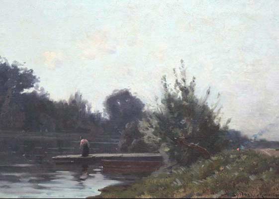 Gustave Maincent Femme sur un ponto  au bord de l'eau 