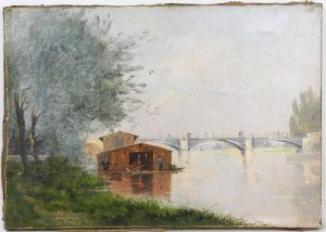 Bords de Seine et garage à bateaux flottant près du restaurant Fournaise Vers 1890-1895, huile sur toile, 25 x 32 cm Gustave MAINCENT 1