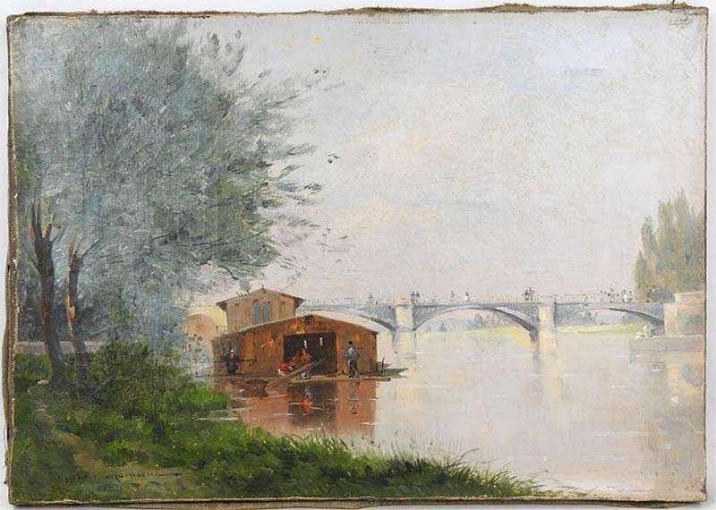 Bords de Seine et garage à bateaux flottant près du restaurant Fournaise Vers 1890-1895, huile sur toile, 25 x 32 cm Gustave MAINCENT 1848-1897